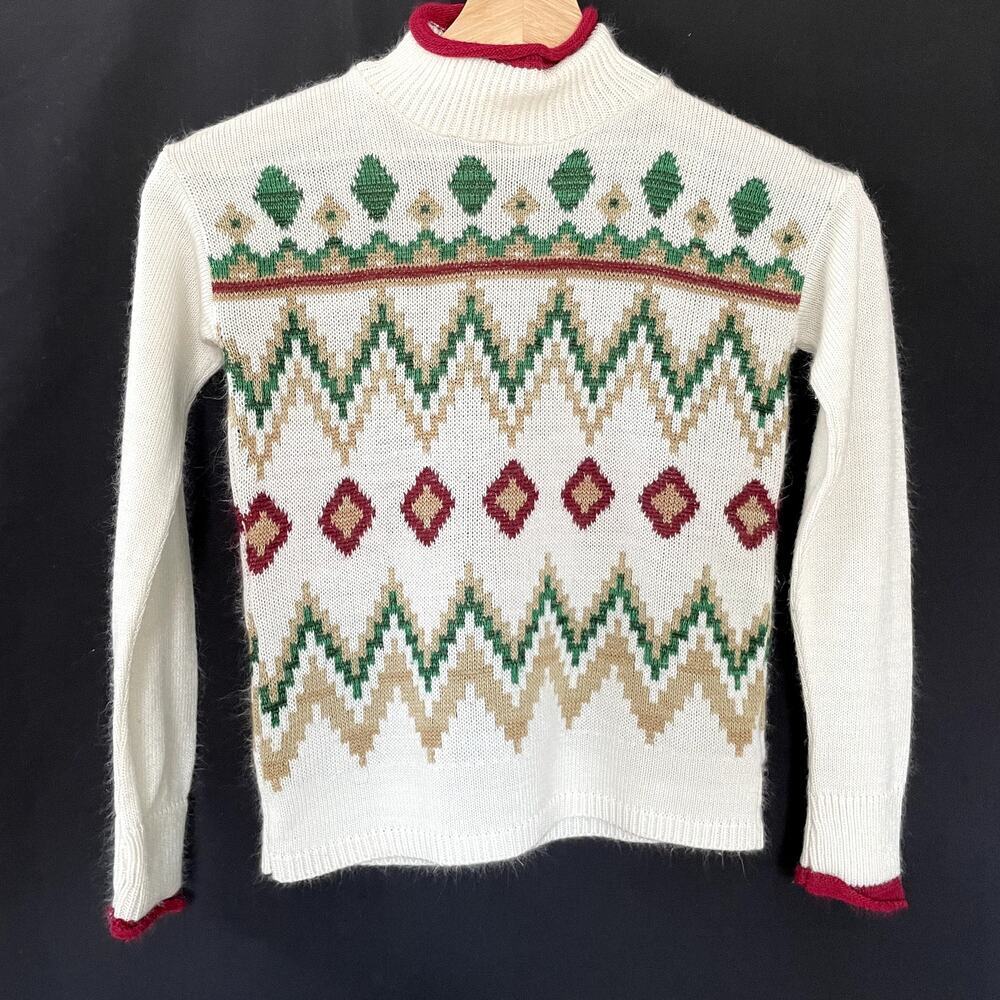Christmas sweater‎ size medium kids red green white knit turtleneck top chevron